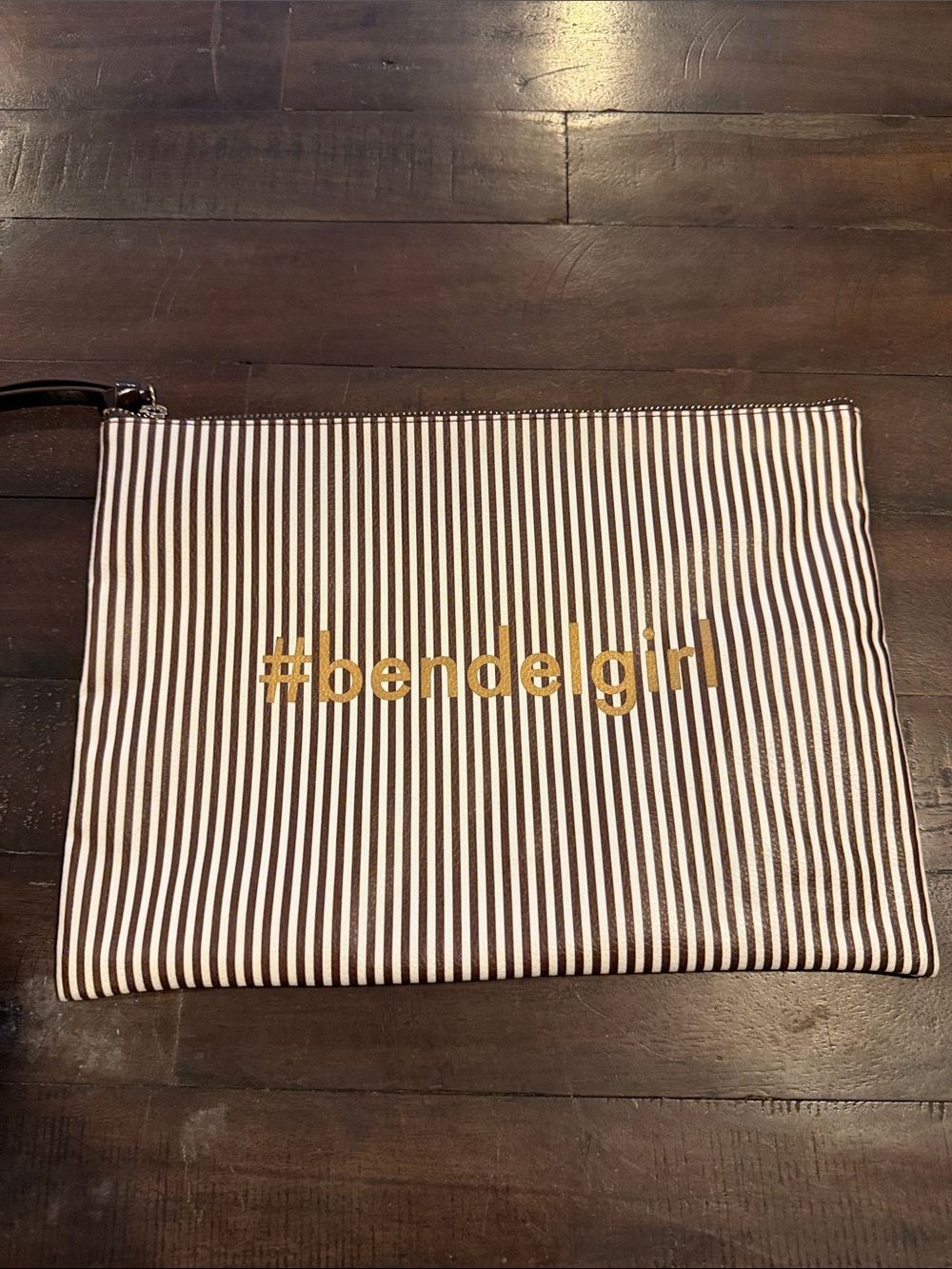 henri bendel Brown and White Striped "#bendelgirl" Cosmetic Pouch